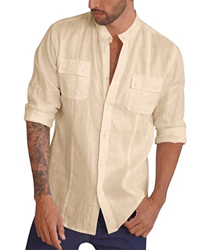 Feziakuk Leinenhemd Herren Langarm Stehkragen Hemd Baumwolle Sommerhemd Männer Regular Fit Freizeithemd für Frühling und Sommer, Beige M von Feziakuk