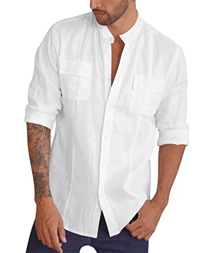 Feziakuk Leinenhemd Herren Langarm Stehkragen Hemd Baumwolle Sommerhemd Männer Regular Fit Freizeithemd für Frühling und Sommer, Weiß XXL von Feziakuk