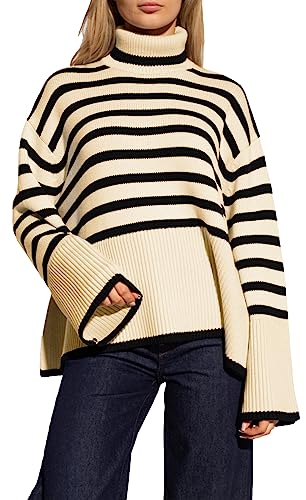 Feziakuk Rollkragenpullover Damen Gestreift Strickpullover Grobstrick Oversize Winterpullover Warm Vintage Lässige Strickpulli Pullover mit Seitenschlitz, Beige L von Feziakuk