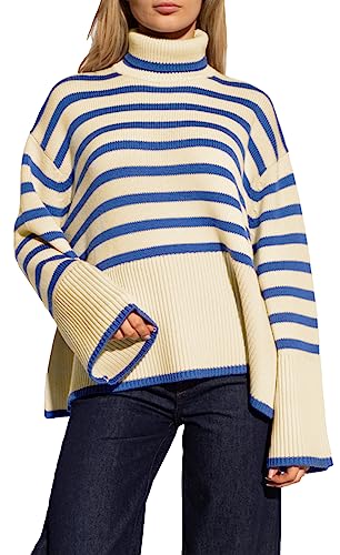 Feziakuk Rollkragenpullover Damen Gestreift Strickpullover Grobstrick Oversize Winterpullover Warm Vintage Lässige Strickpulli Pullover mit Seitenschlitz, Blau XXL von Feziakuk