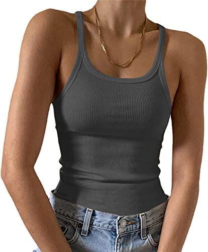 Feziakuk Spaghetti Top Damen Sexy Ärmellos Unterhemd Gerippte Tank Top Basic Einfarbig Camisole Sommer Oberteile, Grau L von Feziakuk