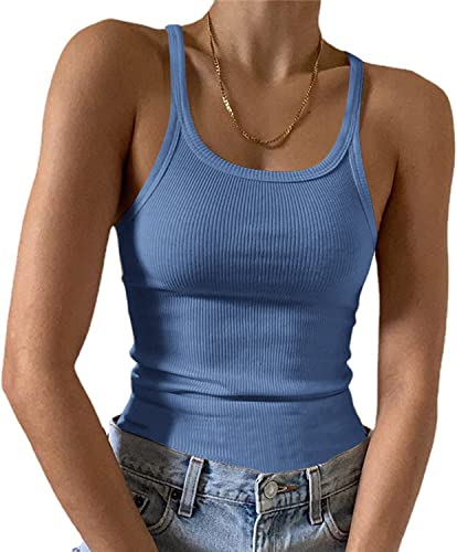 Feziakuk Spaghetti Top Damen Sexy Ärmellos Unterhemd Gerippte Tank Top Basic Einfarbig Camisole Sommer Oberteile, Hellblau S von Feziakuk