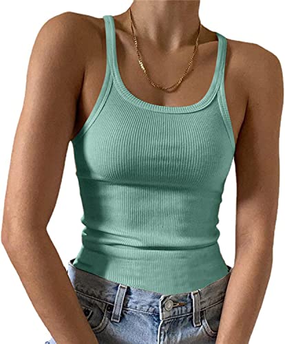 Feziakuk Spaghetti Top Damen Sexy Ärmellos Unterhemd Gerippte Tank Top Basic Einfarbig Camisole Sommer Oberteile, Hellgrün M von Feziakuk