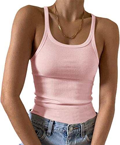 Feziakuk Spaghetti Top Damen Sexy Ärmellos Unterhemd Gerippte Tank Top Basic Einfarbig Camisole Sommer Oberteile, Rosa L von Feziakuk