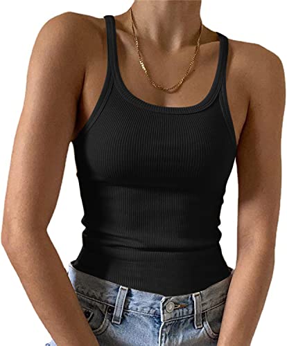 Feziakuk Spaghetti Top Damen Sexy Ärmellos Unterhemd Gerippte Tank Top Basic Einfarbig Camisole Sommer Oberteile, Schwarz L von Feziakuk