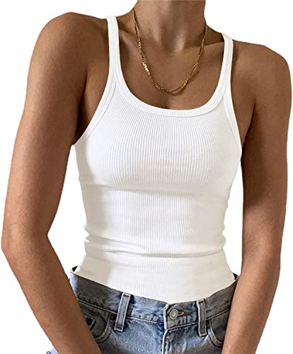 Feziakuk Spaghetti Top Damen Sexy Ärmellos Unterhemd Gerippte Tank Top Basic Einfarbig Camisole Sommer Oberteile, Weiß M von Feziakuk