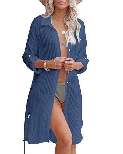 Feziakuk Strandkleid Damen Sommer Langer Strandtunika Bikini Cover Up, Button Down Musselin Bluse Strand Cardigan Mit Gürtel für Urlaub, Pool und Alltag, Dunkelblau M von Feziakuk