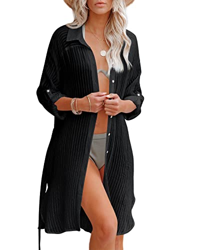 Feziakuk Strandkleid Damen Sommer Langer Strandtunika Bikini Cover Up, Button Down Musselin Bluse Strand Cardigan Mit Gürtel für Urlaub, Pool und Alltag, Schwarz M von Feziakuk