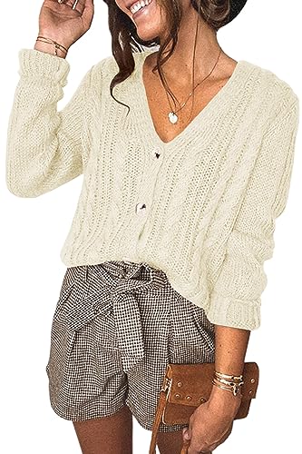 Feziakuk Strickjacke Damen Kurzes V-Ausschnitt Knopfleiste Cardigan Gestrickter Pullover Einfarbig Strickpullover Elegant Tops Für Herbst und Winter, Beige S von Feziakuk