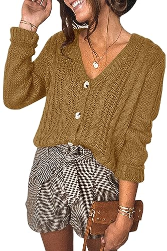 Feziakuk Strickjacke Damen Kurzes V-Ausschnitt Knopfleiste Cardigan Gestrickter Pullover Einfarbig Strickpullover Elegant Tops Für Herbst und Winter, Braun L von Feziakuk