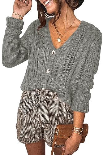 Feziakuk Strickjacke Damen Kurzes V-Ausschnitt Knopfleiste Cardigan Gestrickter Pullover Einfarbig Strickpullover Elegant Tops Für Herbst und Winter, Grau M von Feziakuk