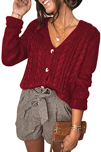 Feziakuk Strickjacke Damen Kurzes V-Ausschnitt Knopfleiste Cardigan Gestrickter Pullover Einfarbig Strickpullover Elegant Tops Für Herbst und Winter, Weinrot M von Feziakuk