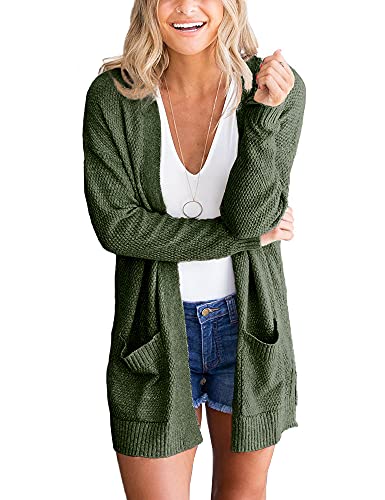 Feziakuk Strickjacke Damen Lang Strickmantel Langarm Cardigan Herbst Winter Casual Open Front Sweater ÜBergangsjacke mit Tasche, Armee Grün S von Feziakuk