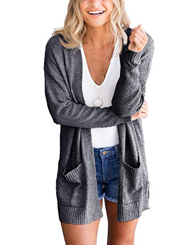 Feziakuk Strickjacke Damen Lang Strickmantel Langarm Cardigan Herbst Winter Casual Open Front Sweater ÜBergangsjacke mit Tasche, Dunkelgrau XL von Feziakuk