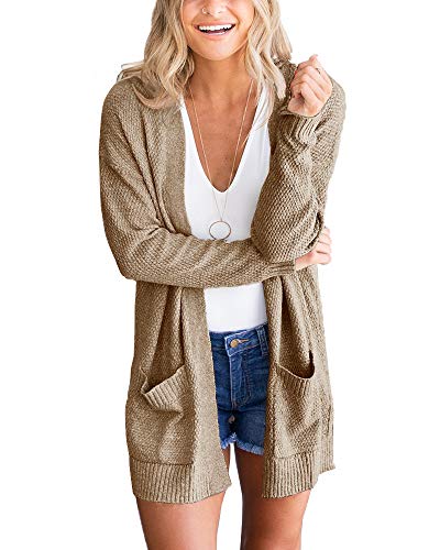 Feziakuk Strickjacke Damen Lang Strickmantel Langarm Cardigan Herbst Winter Casual Open Front Sweater ÜBergangsjacke mit Tasche, Khaki L von Feziakuk