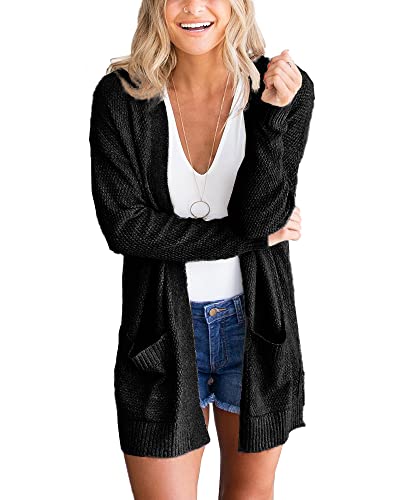 Feziakuk Strickjacke Damen Lang Strickmantel Langarm Cardigan Herbst Winter Casual Open Front Sweater ÜBergangsjacke mit Tasche, Schwarz S von Feziakuk