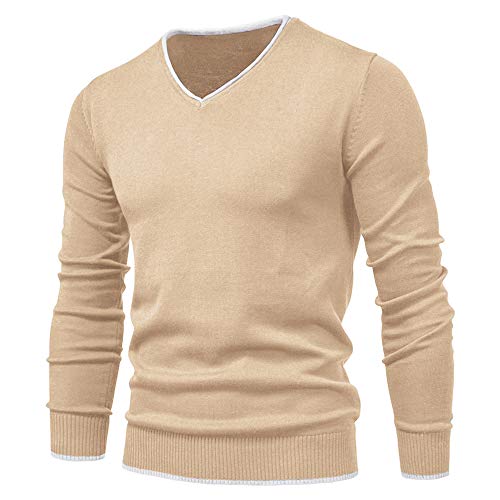 Feziakuk Strickpullover Herren V-Ausschnitt Pullover Herbst Winter Langarm Sweater Basic Winterpullover Warm Arbeitspullove Tops, Khaki L von Feziakuk