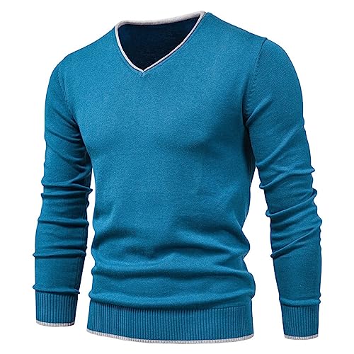 Feziakuk Strickpullover Herren V-Ausschnitt Pullover Herbst Winter Langarm Sweater Basic Winterpullover Warm Arbeitspullove Tops, Seeblau XXL von Feziakuk
