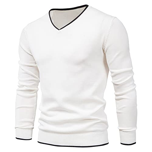Feziakuk Strickpullover Herren V-Ausschnitt Pullover Herbst Winter Langarm Sweater Basic Winterpullover Warm Arbeitspullove Tops, Weiß XXL von Feziakuk