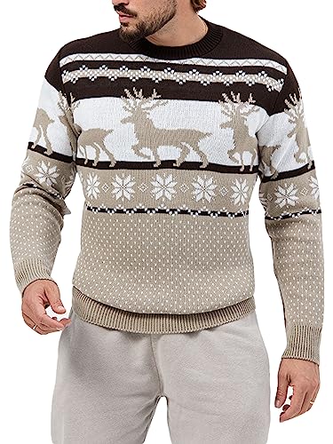 Feziakuk Weihnachtspullover Herren Weihnachten Rentier Strickpullover Winter Warm Christmas Sweater Langarm weihnachtspulli Festlicher Pullover, Braun M von Feziakuk