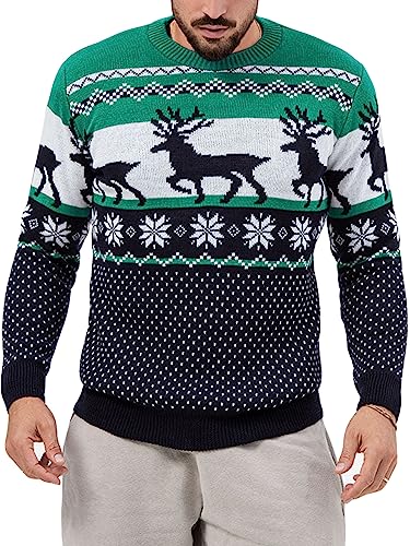 Feziakuk Weihnachtspullover Herren Weihnachten Rentier Strickpullover Winter Warm Christmas Sweater Langarm weihnachtspulli Festlicher Pullover, Grün L von Feziakuk