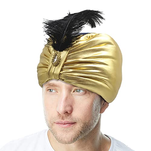 Feziwurs Metallischer Turban - Vintage Sultan Arabische Kopfbedeckung Kostümzubehör | Oster-Kostümzubehör mit Feder und Edelstein für Teenager, Männer und Frauen, Erwachsene von Feziwurs