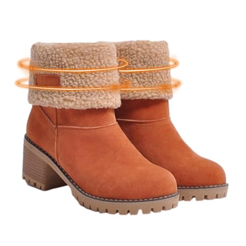 Feziwurs Stiefel mit rundem Zehenbereich für Senioren, bequeme Damen-Winterstiefel mit klobigem Absatz, schicke Winterstiefel, strapazierfähige Schneeschuhe für Mädchen, Damen, Senioren, Orange, 36 EU von Feziwurs