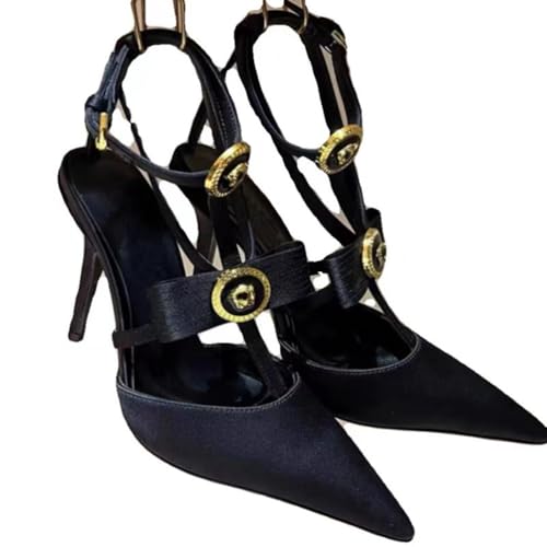 FgdeupY 10CM Damen Schleife Fersen Geschlossene Spitze Zehe Kleid Schuhe Stiletto Slip On Hochzeit Pumps,Schwarz,39 EU von FgdeupY