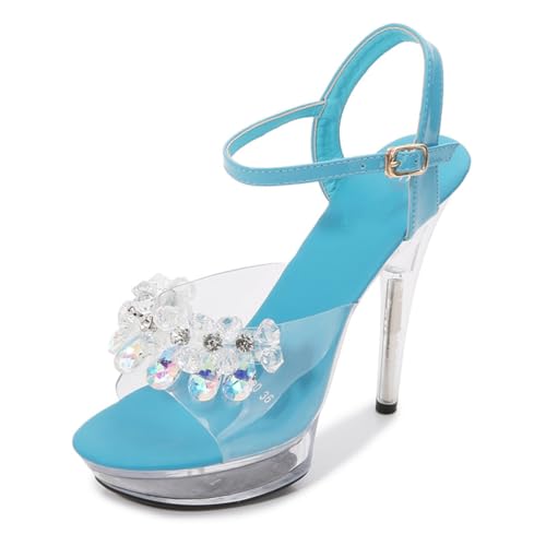 FgdeupY 12CM Damen Plattform Peep Offene Zehe Knöchelriemen Sandalen Strass Kristall Schnalle Büro Sommer Kleid,Blau,41 EU von FgdeupY