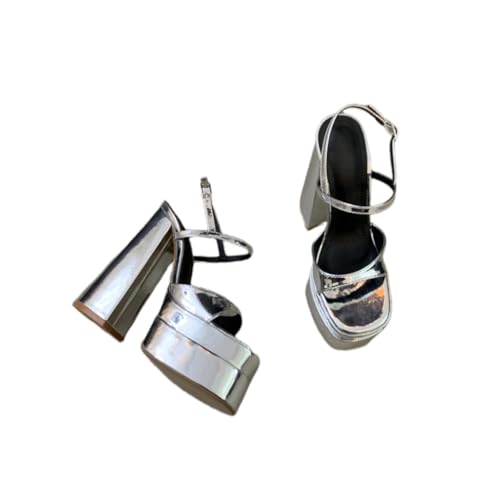 FgdeupY 14CM Plateau Chunky Heels für Damen Sandalen mit Blockabsatz und offenem quadratischem Zehen- und Knöchelriemen,Silber,41 EU von FgdeupY