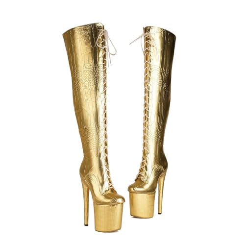 FgdeupY 16CM/ 6.29IN Runde Zehe Dicker Boden wasserdichte Plattform Stiletto Super High Heel Side Reißverschluss High-Top Über-das-Knie Frauen Stiefel,Gold,39 EU von FgdeupY
