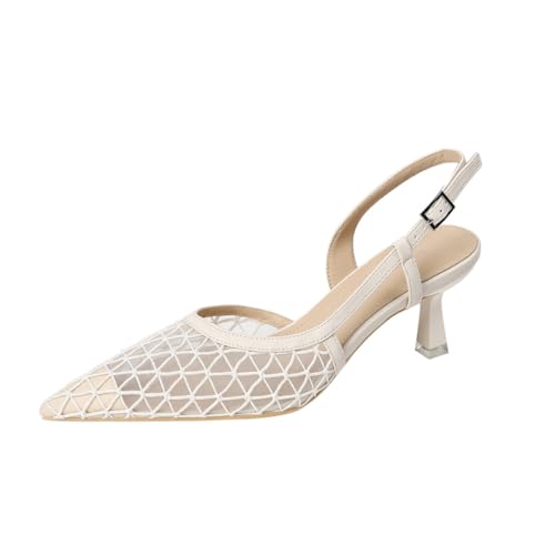 FgdeupY 6,5 cm Damen Slingback Heels Strick Spitze Zehe Kätzchen Pumps Abend Hochzeit Party Heels Elegante Schuhe,Weiß,38 EU von FgdeupY