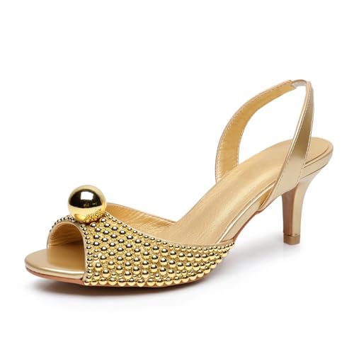 FgdeupY 6,5 cm Damen Stiletto High Heel Peep Offene Zehe Sandalen Postzone Pantoletten Schuhe Slingback Slip-On Prom Party Kleid,Gold,40 EU von FgdeupY