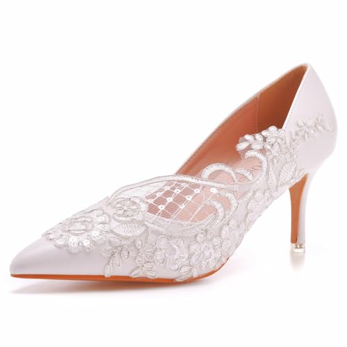 FgdeupY 7,5 cm Frauen Low Heel Geschlossene Zehe Pumps Spitze Hochzeit Brautschuhe mit Nähten Spitze,Weiß,38 EU von FgdeupY