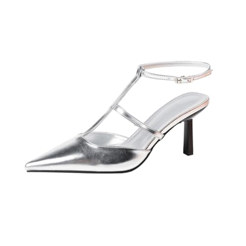 FgdeupY 7.5CM Damen Geschlossene Zehe Knöchelriemen Fersen Spitze Zehe Pumps Schuhe Slingback High Heel Brautkleid Schuhe,Silber,37 EU von FgdeupY