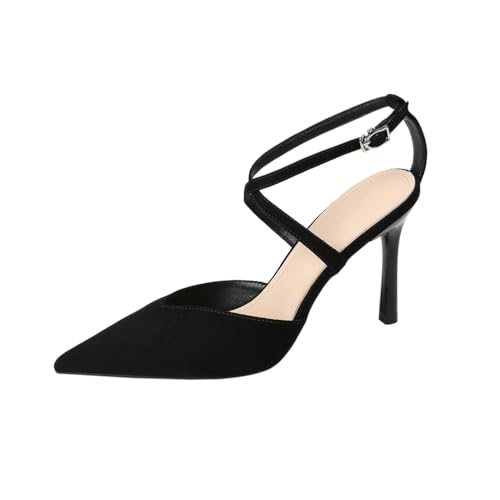 FgdeupY 9,5 cm Frauen Spitze Geschlossene Zehe Stiletto Pumps Kreuz Riemen Kitten Heels Hochzeit Party Kleid Sandalen Schuhe,Schwarz,35 EU von FgdeupY