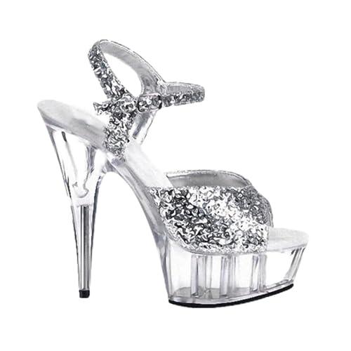 FgdeupY Damen Freiliegende Zehenpartie Glitzer Heels Klobige Sandalen Knöchelriemen Brautkleid Pumpschuhe,Silber,41 EU von FgdeupY