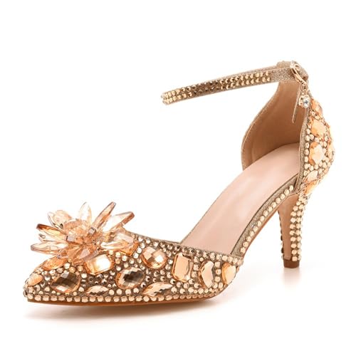 FgdeupY Damen Sandalen mit Absatz Kristallkette Knöchelriemen Strass Schnalle High Heels Stiletto Slip on Hochzeit Party,Gold,38 EU von FgdeupY