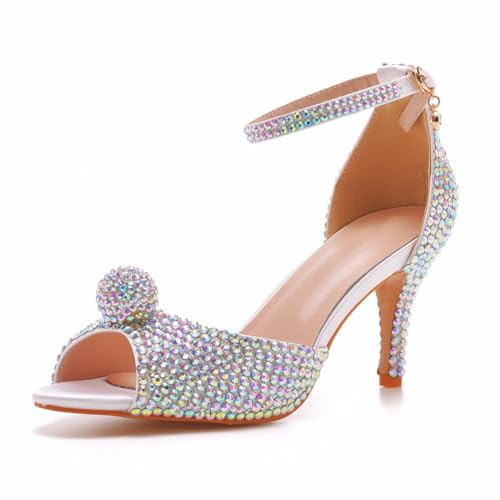 FgdeupY Damen Stiletto Hohe Sandalen Knöchelriemen Strass Sommer 3Inches Heels,Weiß,40 EU von FgdeupY