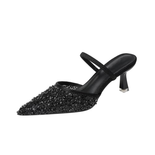 FgdeupY Frauen High Heel Spitze Zehe Strass Slingback Pumps Hochzeit Abendkleid Schuhe,Schwarz,37 EU von FgdeupY
