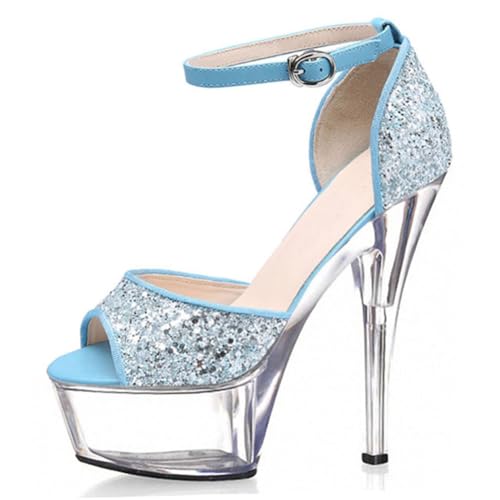 FgdeupY Frauen Klar Stiletto Hohe Plattform Absatz Peep Offene Zehe Sandalen Knöchelriemen Brautkleid 5,9 Zoll Absätze,Blau,43 EU von FgdeupY