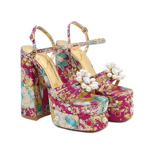 FgdeupY Frauen Plateau Riemchen Chunky Heels Sandalen mit offener Zehe mit Blockabsatz und Knöchelriemen Sommer Kleid Schuhe,Rot,40 EU von FgdeupY