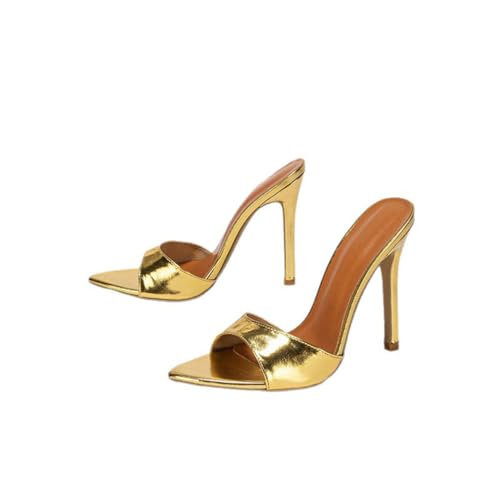 FgdeupY Frauen Stiletto High Heel Peep Offene Zehe Sandalen Slingback Slip-On Hochzeit Büro Niedlich Basic Klassisch 4,3 Zoll Absätze,Gold,35 EU von FgdeupY