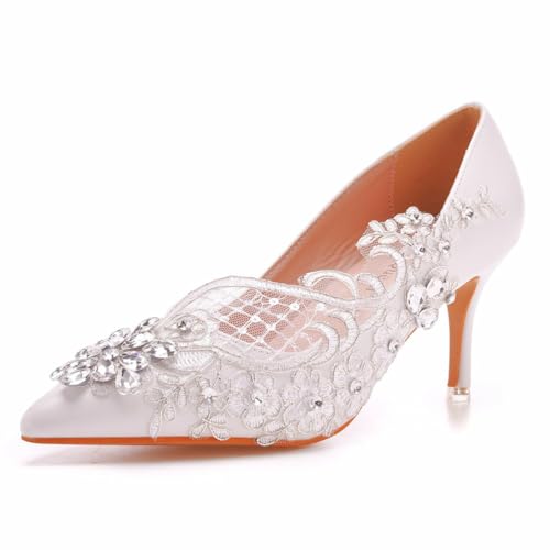 FgdeupY Hochzeit Strass Pumps Spitze Zehen Kleid Abendschuhe für Frauen Braut Braut,Weiß,35 EU von FgdeupY