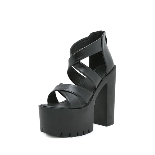 15 cm superhohe Plateau-Sandalen mit kleinem Blockabsatz für Damen - für Spaziergänge, Partys, Vereine, Verabredungen und den Alltag,Schwarz,42 EU von FhiHUEpr