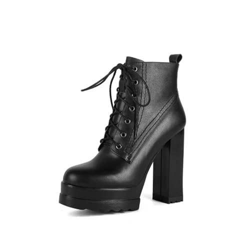 Damen 13CM Ultra High Heel Herbst-Winter Schnürstiefeletten - Breite Boots für Arbeit, tägliches Gehen, Hochzeit,Schwarz,39 EU von FhiHUEpr
