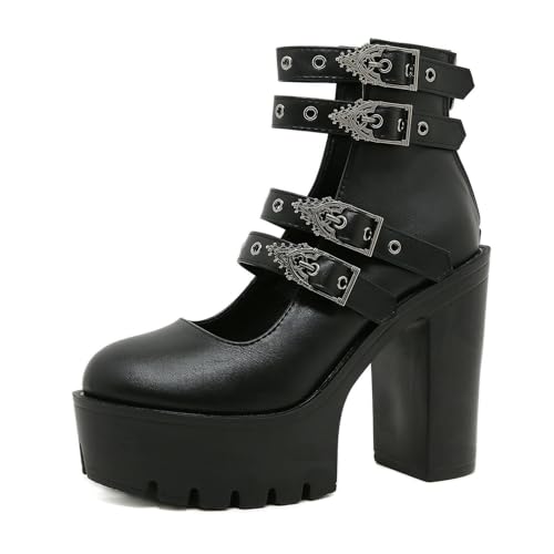Damen 13cm Chunky Heel Punk Plateau Pumps mit Nieten Schnalle - Schuhe für Nachtclub, Konzerte, Partys,Schwarz,40 EU Damen 13cm Chunky Heel Punk Plateau Pumps mit Nieten Schnalle - Schuhe für Nachtclub, Konzerte, Partys,Schwarz,40 EU von FhiHUEpr
