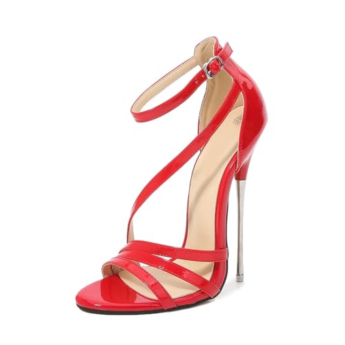 Damen 16cm/6.3 inch Extreme High Heel Sandalen - Verstellbarer Knöchelriemen Offene Zehe Crossdressing Performance Schuhe,Rot,40 EU von FhiHUEpr