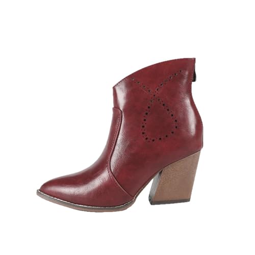 Damen Back Zip Chunky High Heel Stiefeletten - Mid Heel Herbst Winter Stiefeletten für Büro, Reisen, Date Night, Shopping,Rot,38 EU von FhiHUEpr