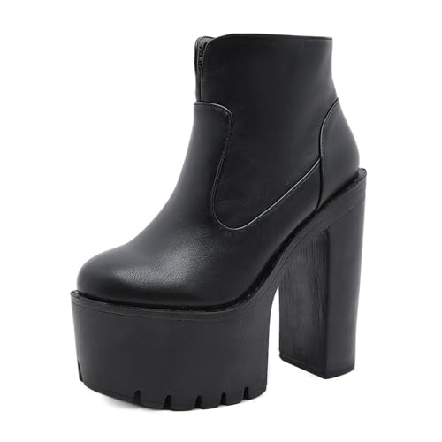 Damen Herbst Winter Runde Spitze Stiefeletten mit seitlichem Reißverschluss 15cm Chunky High Heel, für Date Night Club Party Tägliches Outfit,Schwarz,37 EU von FhiHUEpr